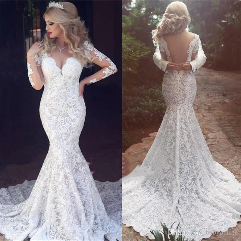 Dubaï Saudi Arabe à manches longues Sirène Sirène Appliques en dentelle Backless Bride Bride Vestido de Novia Forme