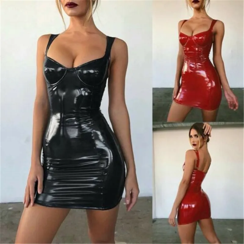 Robes d'été en cuir gaine Bling femmes robe Latex Faux moulante soirée Clubwear à bretelles Mini Sexy mince