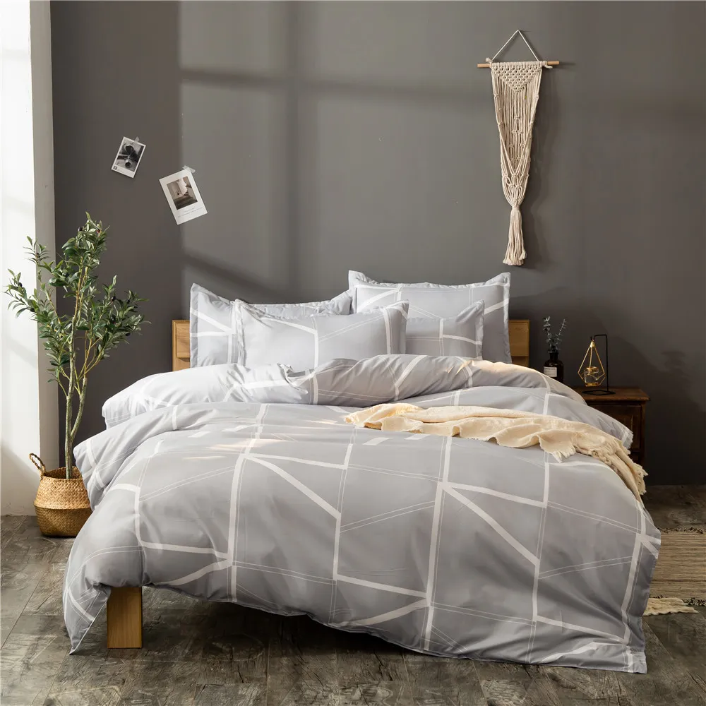 Grey Geometric Bedding Set Coarse Lines Duvet Cover Pillowcase Simple