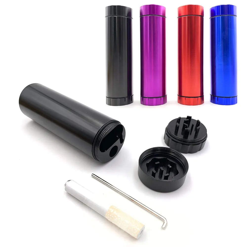 Metaldugout med automatisk utstötning Aluminium One Hitter Bat Herb Grinder Tobacco Case Chamber Lighter Container Rör Rengöringsstång