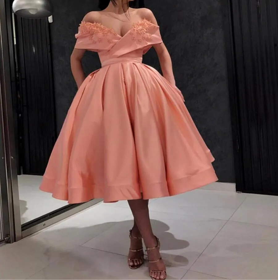 Evening Dresses 2019 New Party Formal Evening Gowns Zipper Back Pageant Prom Dress Pockets Tea-length Off Shoulder Middle East