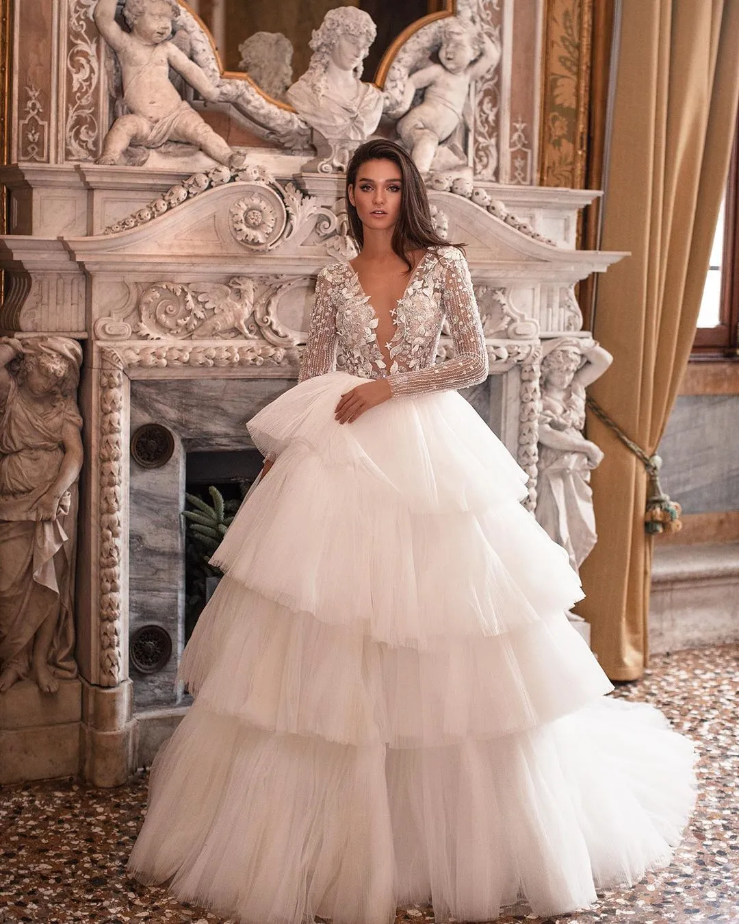 Stunning Lace Tiered wedding dress with Sheer Deep V-Neck, Long Sleeves, Beading A-Line, and Sweep Train in Tulle - Robe de Marie