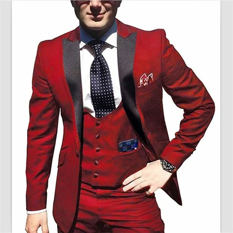 Högkvalitativ en knapp röd bröllop brudgum Tuxedos Peak Lapel Groomsmen Mens Passar Prom Blazer (jacka + byxor + väst + slips) W96