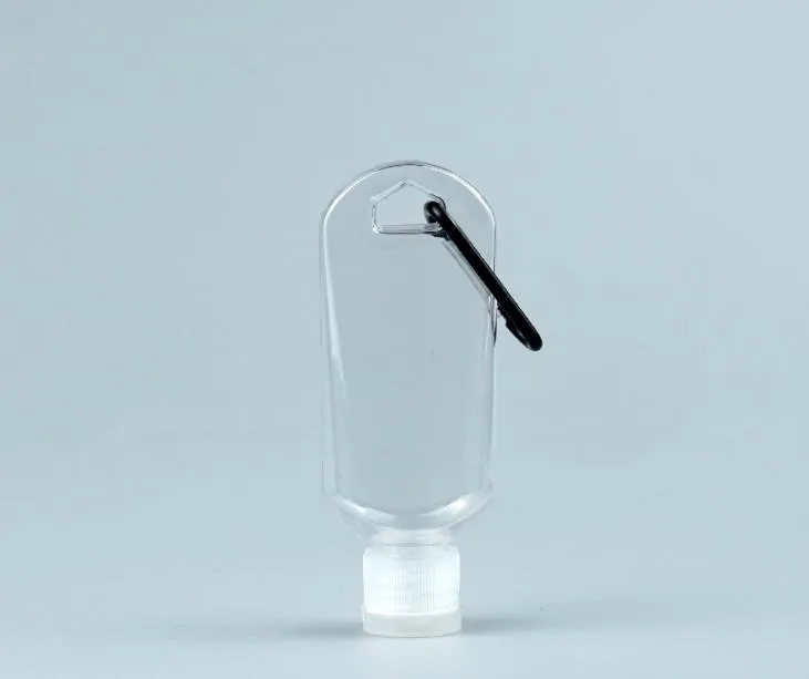 Spedizione gratuita 50 ml bottiglia riutilizzabile di alcol vuoto con gancio portachiavi bottiglia di disinfettante per le mani in plastica trasparente trasparente per viaggi SN07