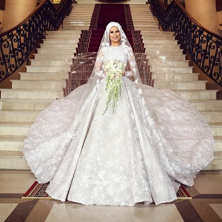 Muslim Wedding Dress With Cathedral Train Jewel Neck Lace