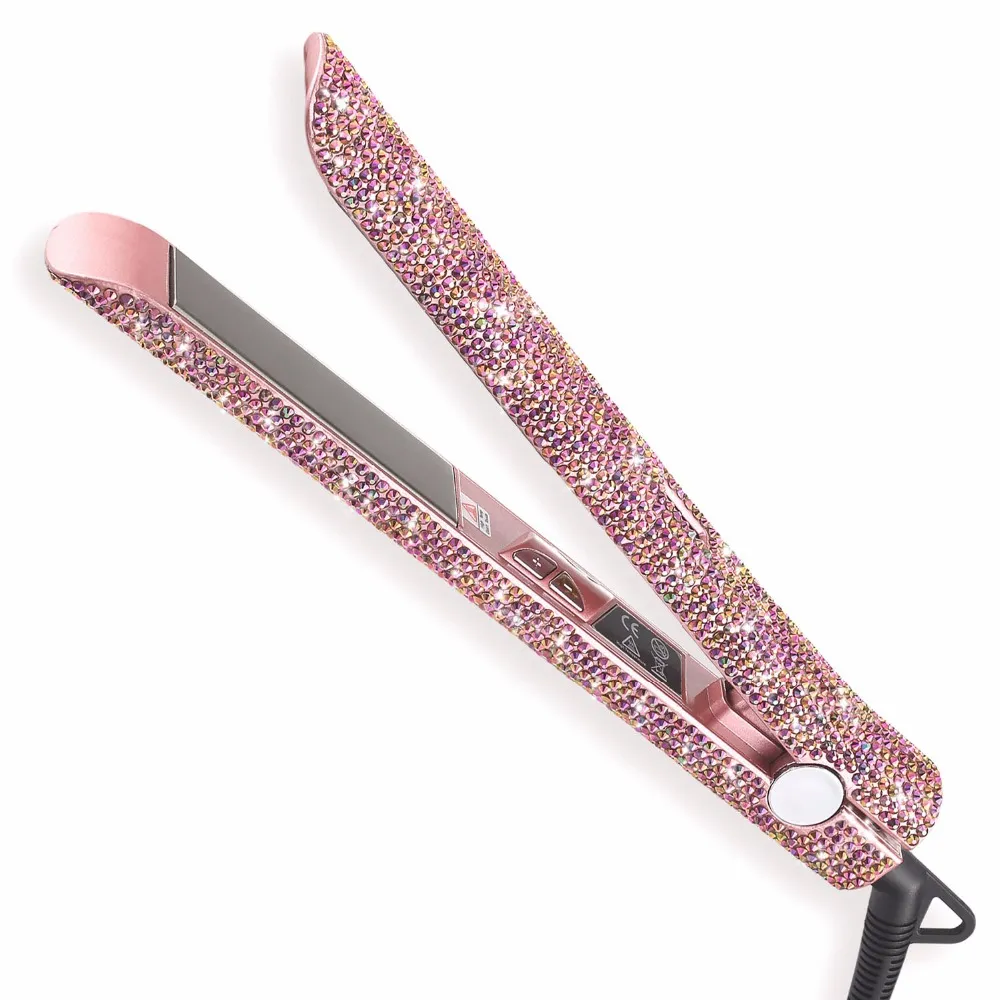 Rose Gold Hand Made Sparkling Crystal Diamond Rhinestone Lcd Digital Display Flat Iron Crystal Gems Titanium Hair Straightener