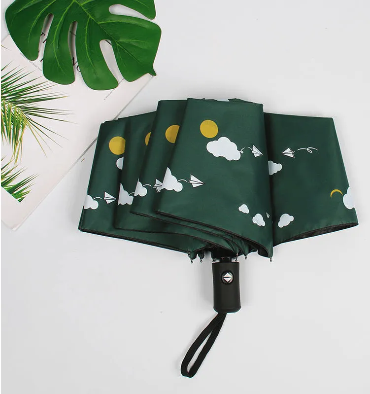 Creatief kind mooie automatische paraplu papieren vliegtuig student vouwparaplu zonnige parasol mannen vrouwen zwarte coating paraplu
