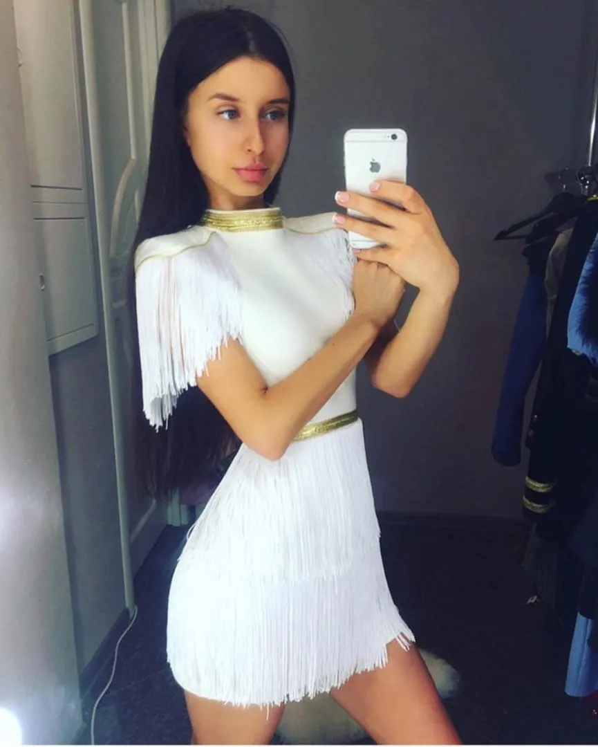 Newest Sexy White Tassel Bandage Dress Elegant Celebrity Party Dress