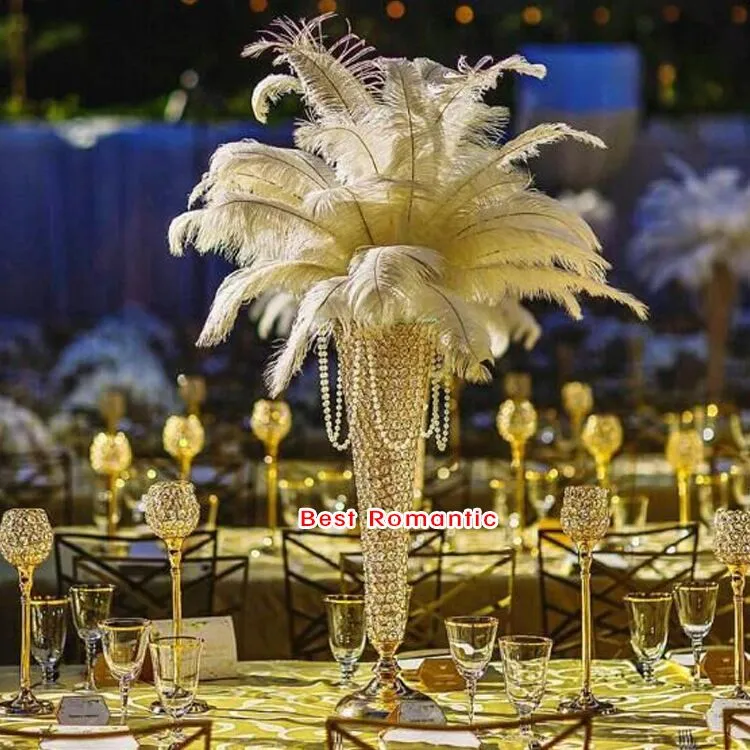 60CM 24inch European style metal Crystal Flower Vase Ostrich Feather Plume holder gold silver Wedding center pieces party table decor