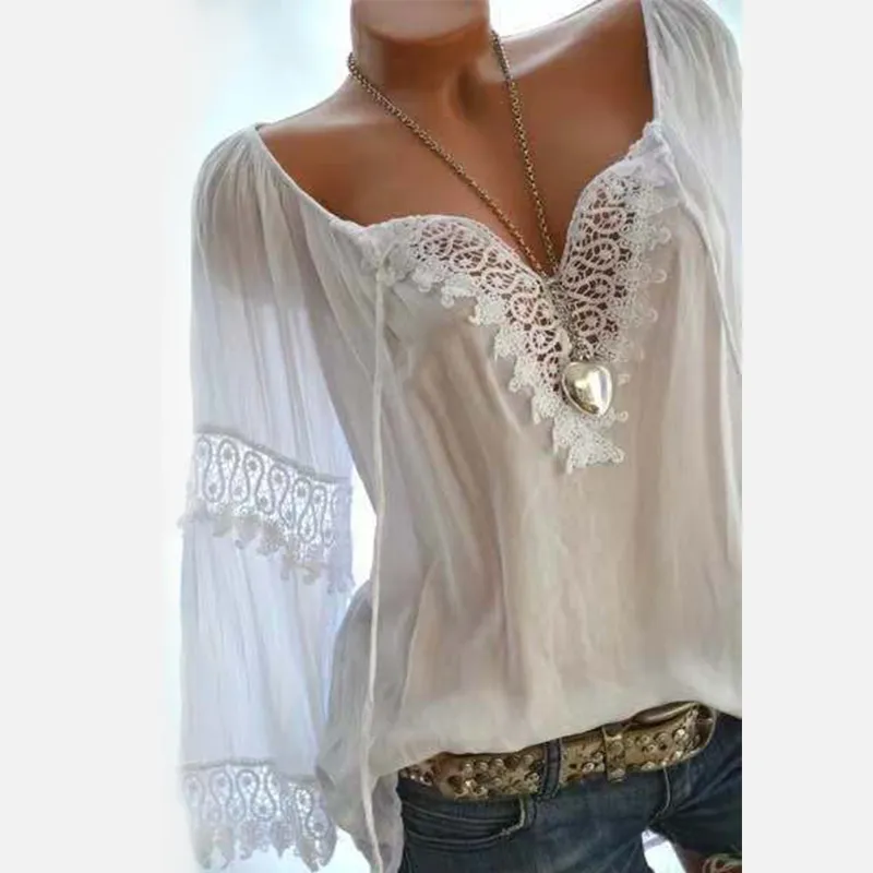 Camisa de manga larga de encaje para mujer, blusa femenina blanca de retazos de talla grande 5XL 2019, ropa de calle de verano, camisas, blusas sexis para mujer