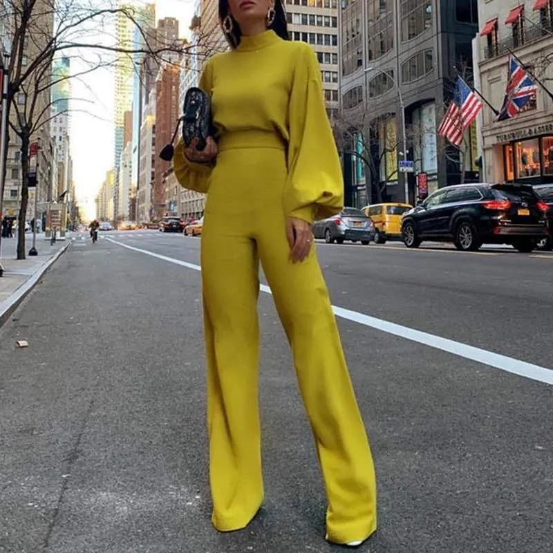 New Women Autumn Elegant Fashion Slim Fit Solid Skinny Casual Overalls Office Look Work Lantern Sleeve Mock Neck Jumpsuits