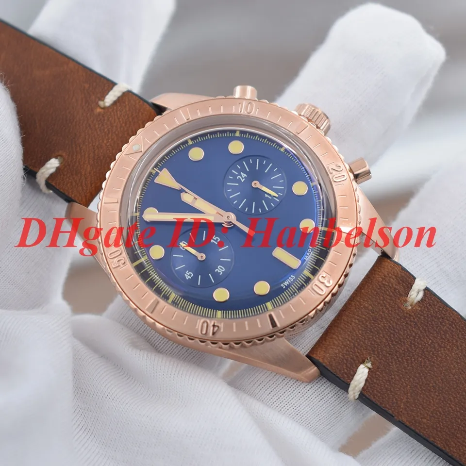 New men watch watProtruding glass mirror Quartz VK movement Rose gold stainless steel case rotatable bezel Blue dial Brown leather strap