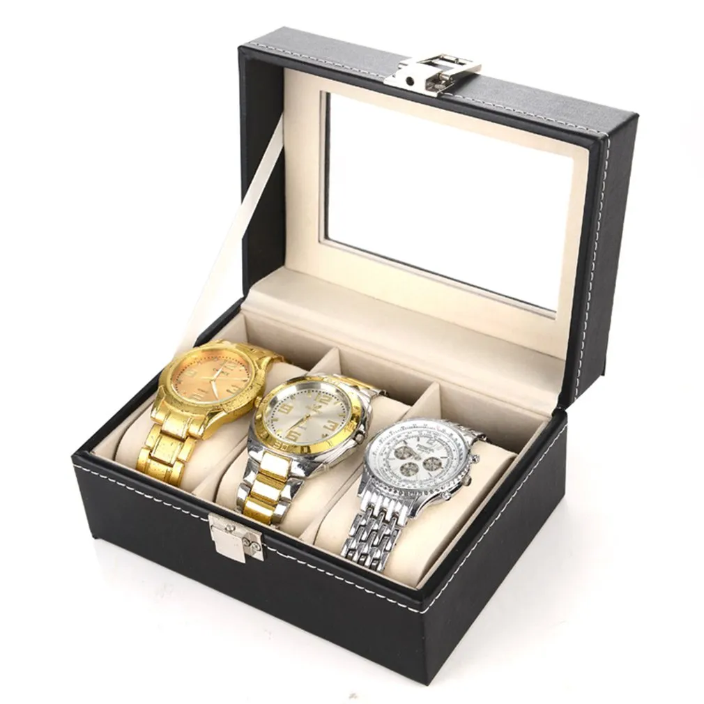 Carbon Fiber PU Leather 3 Grids Jewelry Watch Display Storage Gift Boxes Cylinder Black Color