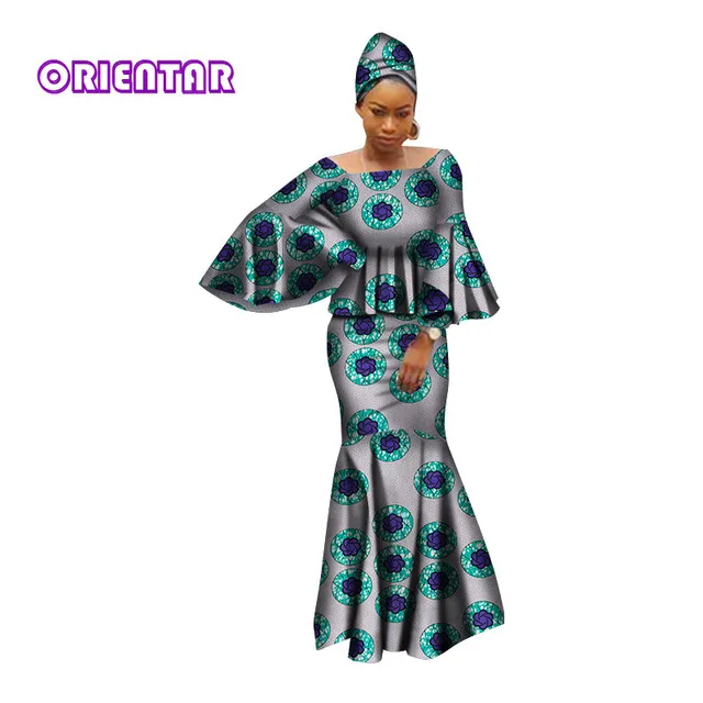 African dresses for women set 100% cotton floral floor-length trumpet dress  with square neck and long petal sleeves WY2809 from Dhgate Basic & Casual  Dresses - price 52.55