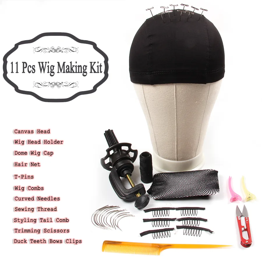 Alileader 11 Satser Wig Starter Kit Canvas Block Head With Stand Dome Wig Cap Combs Curved Needles t Pins Thread för att göra peruker