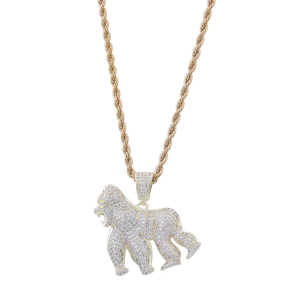 Colar com Pingente de Gorila Banhado a Ouro 14K Hip Hop Iced Out Todo em Zircão Latão Banhado a Ouro Colar de Animal com Charme de Prata para Homens e Mulheres