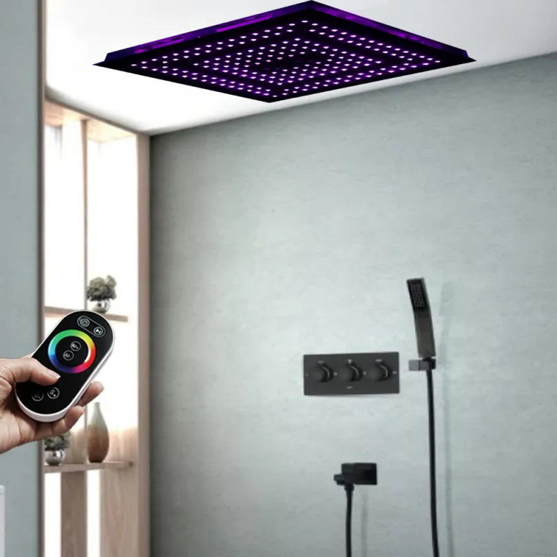 Black Bath Faucets 16 Inches Square Rain Misty Shower Head Set Bathroom