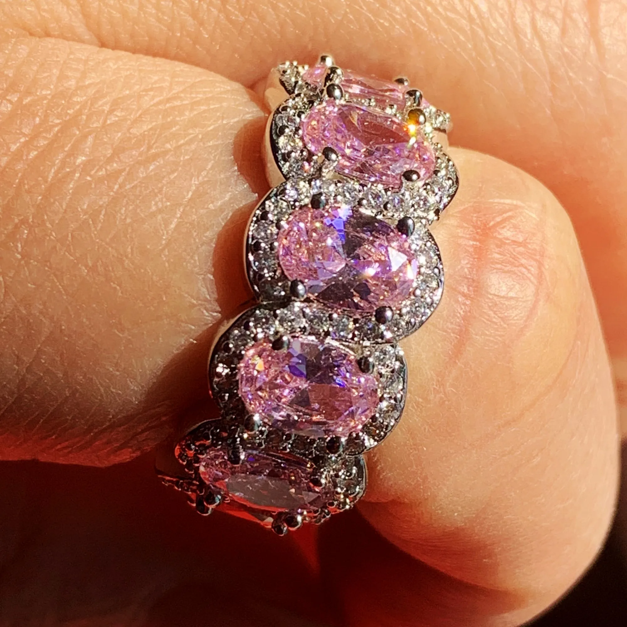 DHgate.com:Oval Cut Pink Topaz CZ Eternity Wedding Band Ring