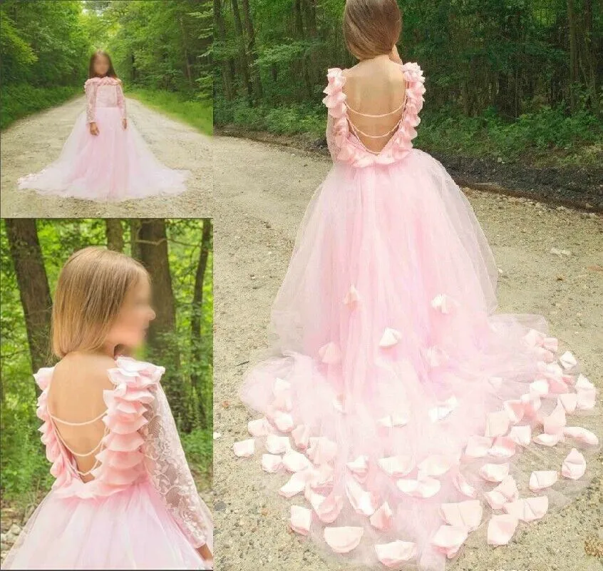 Cute Tulle A Line Flower Girl's Dresses Lace Applique Ruched Bow Sash Low Back Floor Length Toddler Girl's Birthday Party Pageant gown