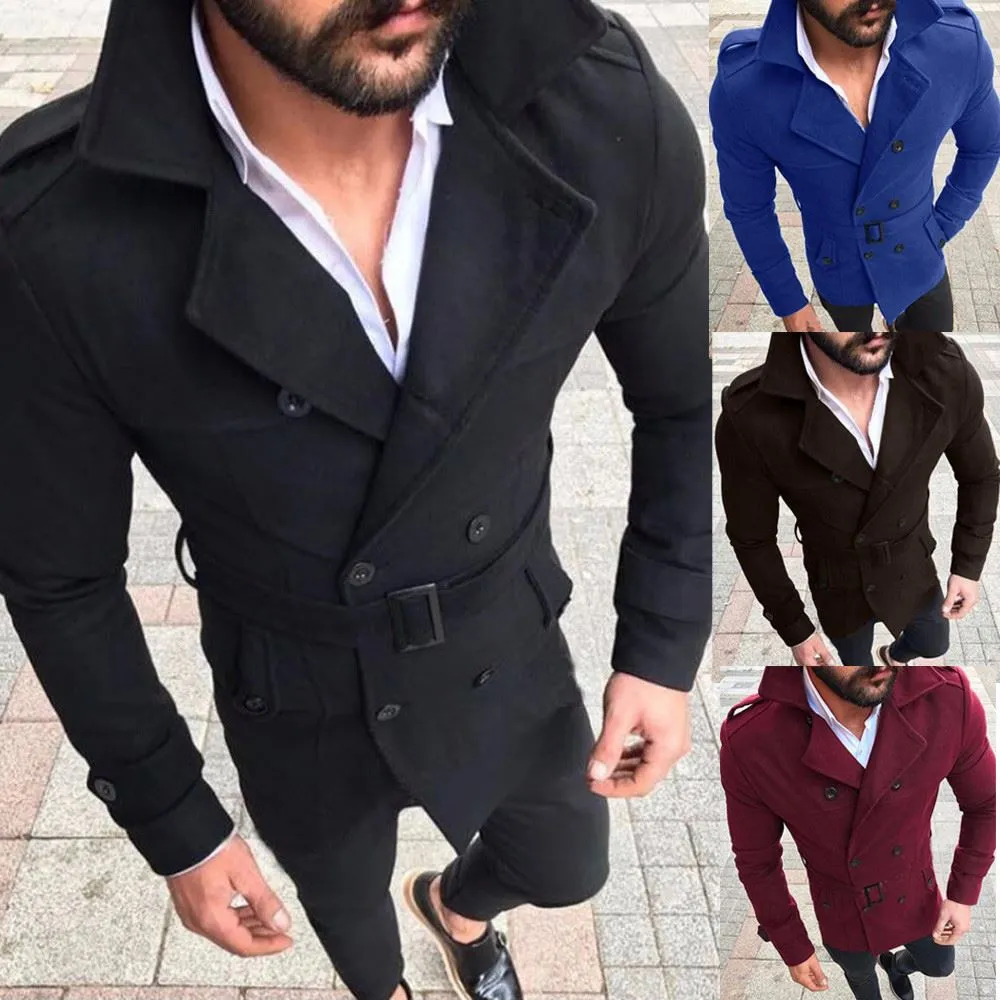 Trench in lana Capispalla Colletto rovesciato Inghilterra Cappotto doppiopetto slim fit in lana con cintura Giacca da uomo casaco masculino