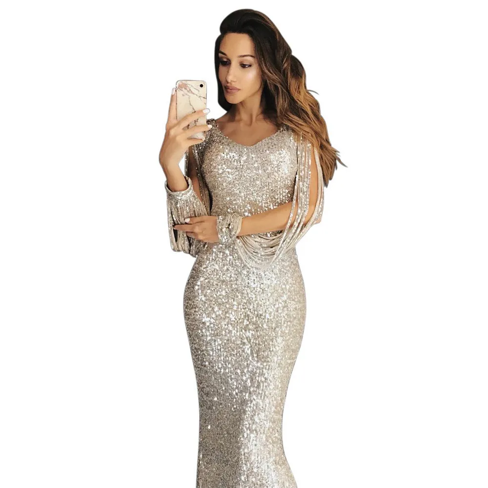 Robe De Soirée Femme Pailletée – Épaules Dénudées, Longueur Maxi, Coupe Slim Pour Mariage Et Fêtes