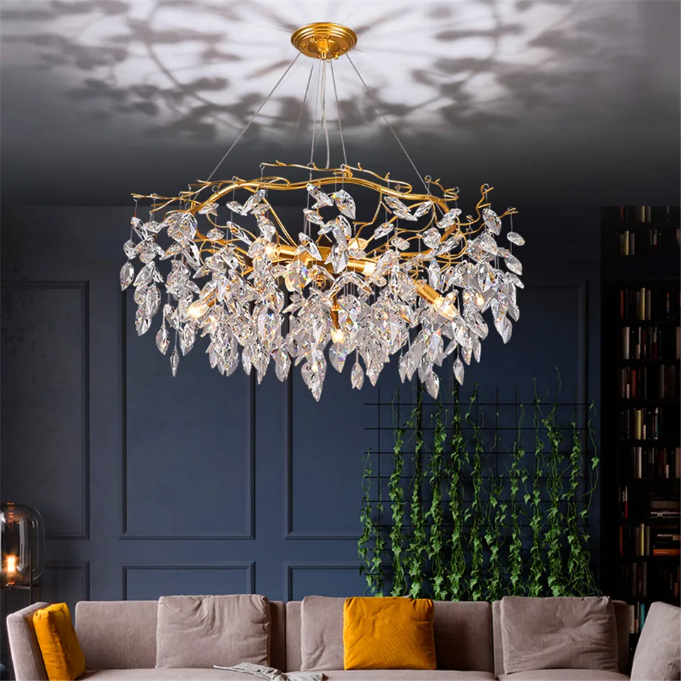 Nordisk lyxig guldkristall ljuskrona belysning modern stor glanshängande lampa för vardagsrum hotell hall konst dekor belysning