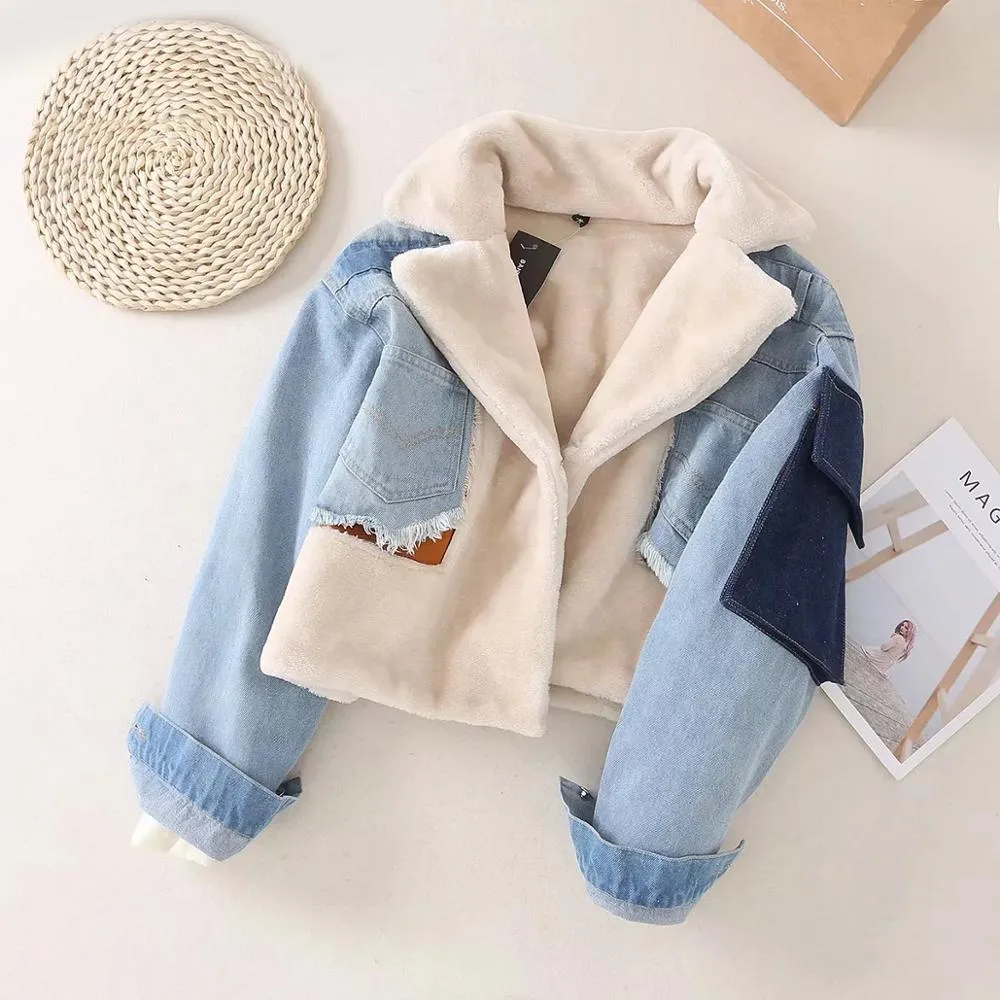 2019 New Style Fashion Winter Denim Patchwork Faux Fur Coat Women Faux Lambswool Fur Turn-down Collar Denim Outerwear