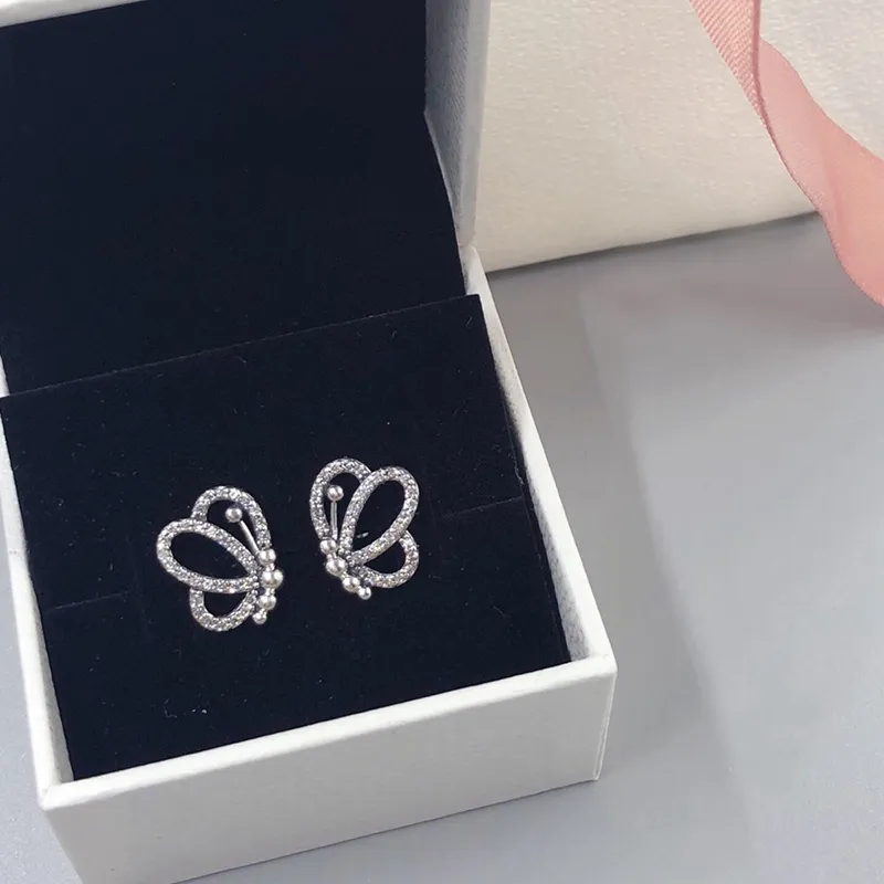 Orecchini a bottone con diamanti a forma di farfalla volante CZ Gioielli di design di lusso con scatola per orecchini a bottone da donna Pandora in argento sterling 925 di alta qualità