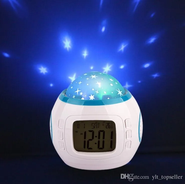 Färgglada Musik Starry Star Sky LED Projektionsprojektor med väckarklocka Kalender Termometer Julkväll Ljusbord Klockor