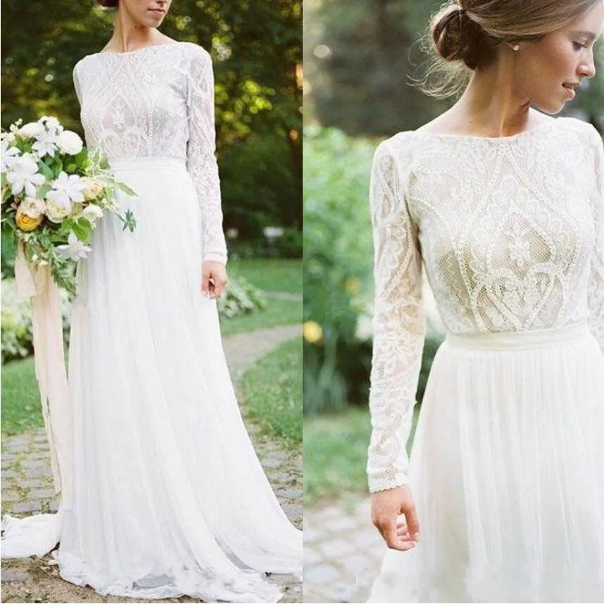 2019 Land Bohemian Bröllopsklänningar Lace Applique Scalloped Bridal Gowns Långärmad Sweep Train Boho A Line Bröllopsklänning Robe de Mariée