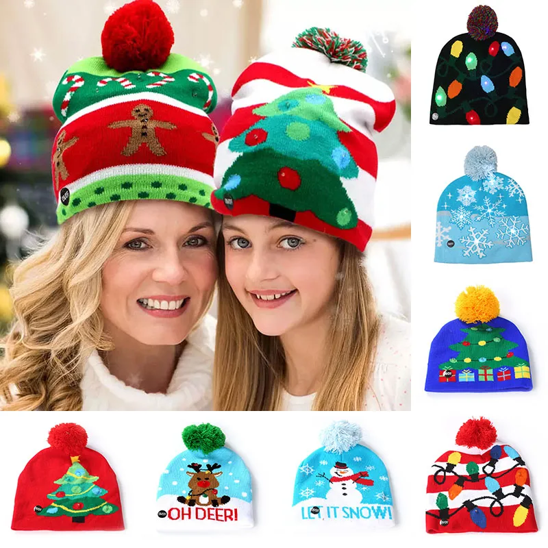 Led Snowman Breaties Cap for Snowflake Christmas Tree Vrouwen Kinderen Warm Hair Ball verlichten hiphophoeden WX9-1002