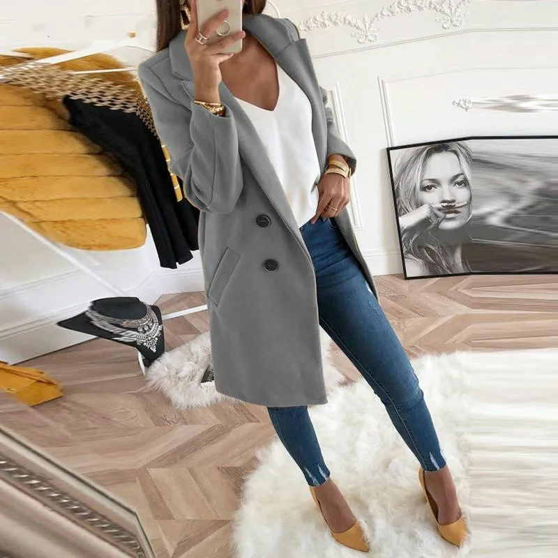 2019 New Autumn Winter Elegant Overcoat Loose Women Långärmning Turn-Down Collar Outwear Jacket Wool Blend Coat Casual Plus Size Size