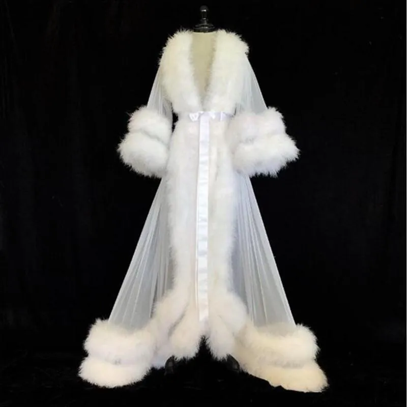 Deluxe White Double sheer feather robe with Fur Nightgown and Bathrobe - Perfect for Bridal, Party, and Bridesmaid Wear Deluxe White Double sheer feather robe with Fur Nightgown and Bathrobe - Perfect for Bridal, Party, and Bridesmaid Wear