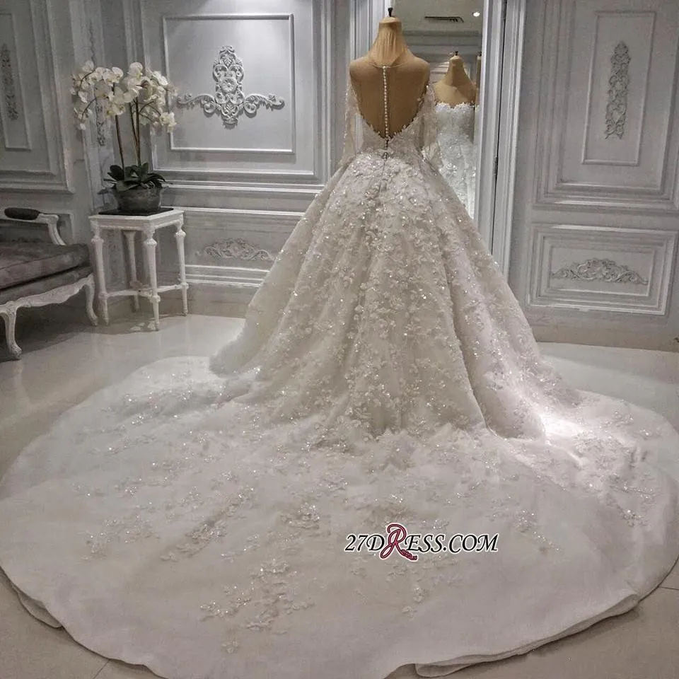 Luxuriöse Spitze-Ballkleid-Hochzeitskleider mit langen Ärmeln, Sweep-Zug, applizierte Perlen, maßgeschneidertes Brautkleid in Übergröße