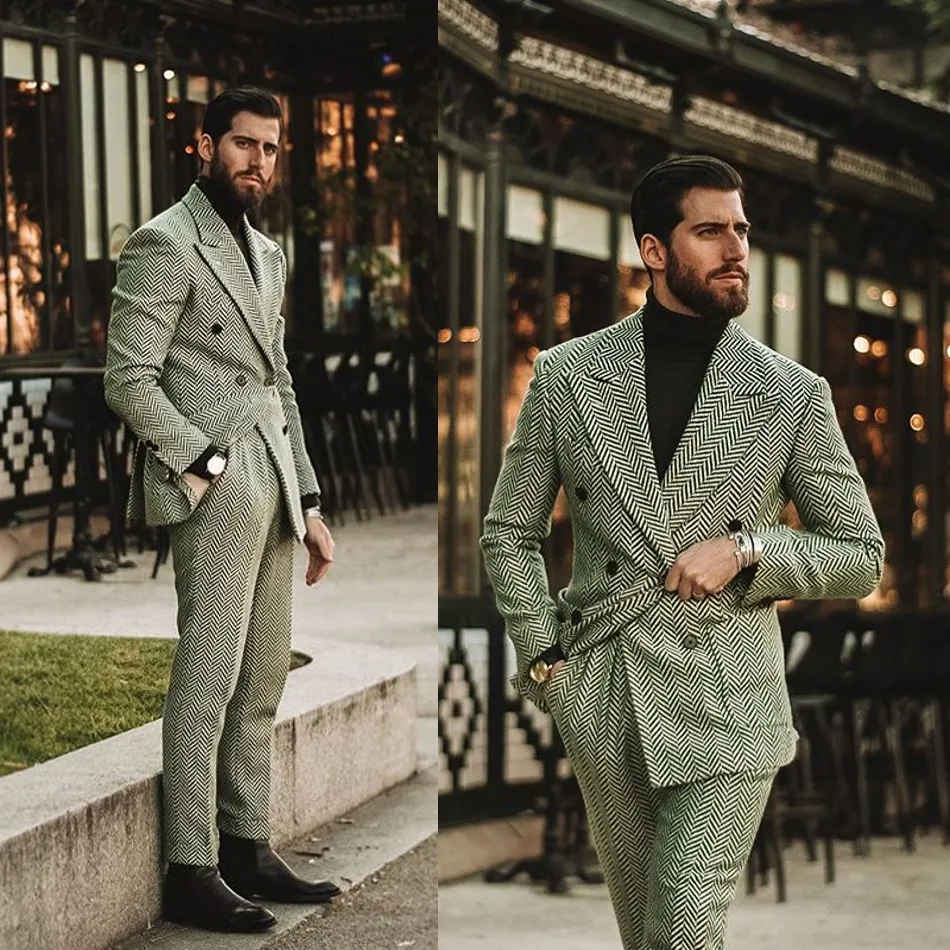 Men's Green Check Long Overcoat Suit Jacket - Double Breasted Wide Peak Lapel Tuxedo