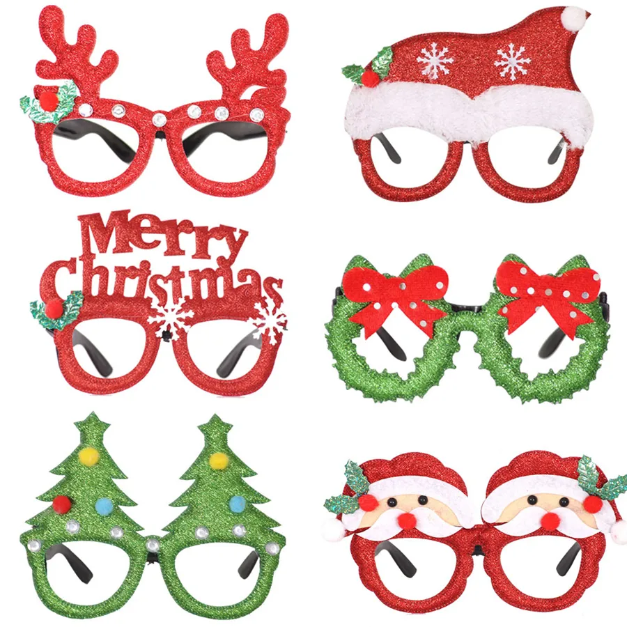 Favores Decoração Xmas Party dos desenhos animados Natal óculos de armação Glittered de Santa Snowman Antler Óculos suporte da foto do feriado JK1910