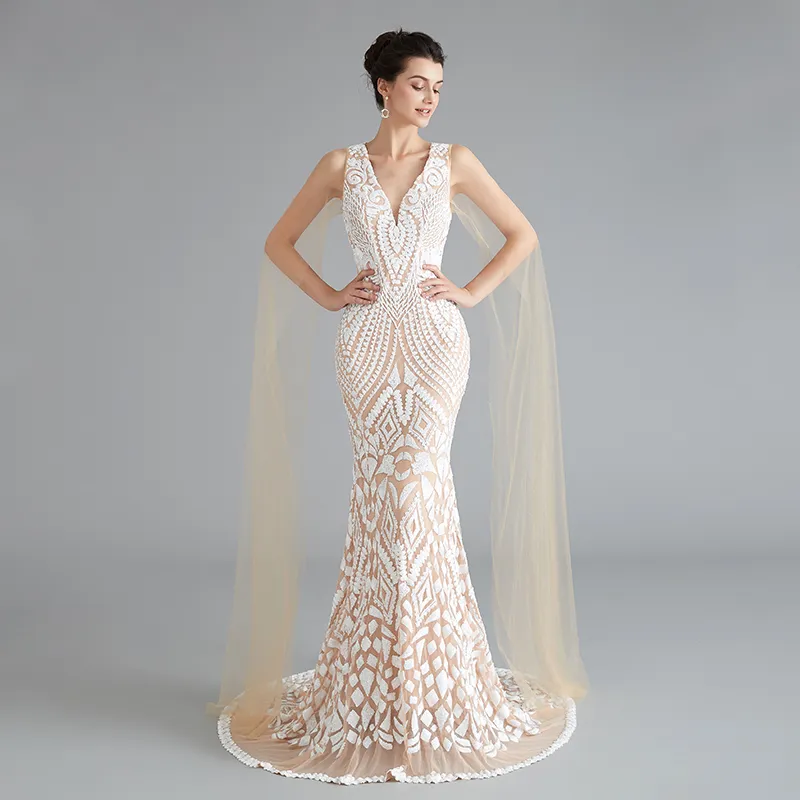 MG002 Deep V Neck White Mermaid Prom Dress With Waterfall Sleeve Dillards Mother Of The Bride