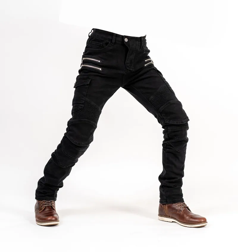 2019 Novos jeans de jeans de homens e mulheres Jeans Jeans Zipper Motorcycle Racing Anti-Fall Pants Gold Pads