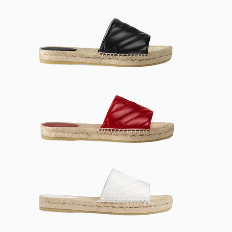 Damen-Designer-Leder-Espadrille-Sandale, Luxus-Slipper, flache Plateauschuhe mit doppeltem Metall-Strandgewebe, 4 Farben, Größe 410