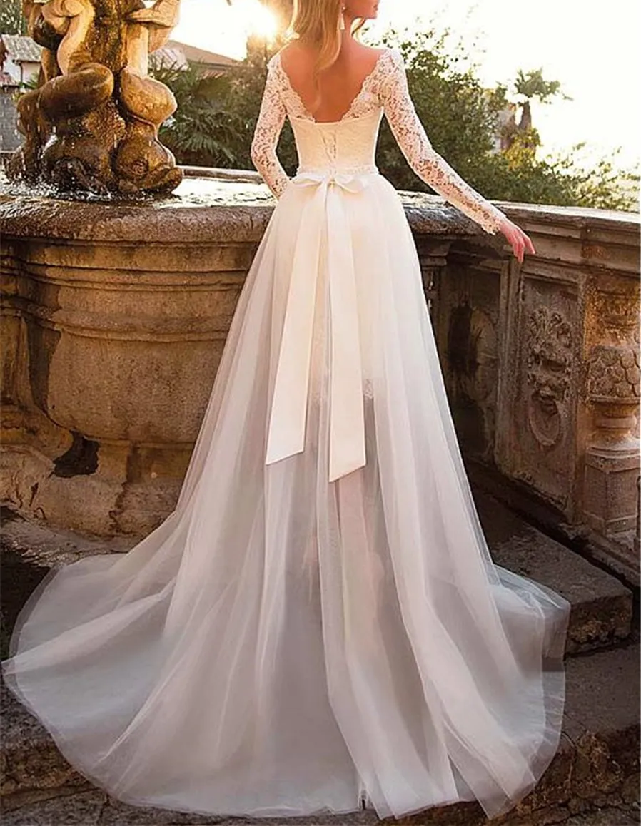 Sheer Neck Cap Sleeved Long Wedding Dress With Corset Low Back Lace Bodice Bridal  Gown With Removable Beaded Sash Bride Dress Custom Made From Bohobridal,  $105.53