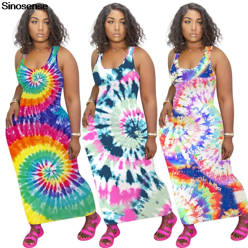 Damesmode Zomer Maxi Jurk Stretchy Slanke Sexy Bodycon Long Club Party Jurk 2020 Tie Dye Mouwloze Tank Vestidos