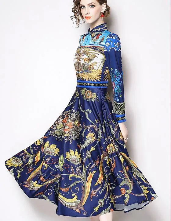 Vase vintage imprimé femmes bleu marine Grande jupe à manches longues col rond revers simple chemise à la taille robe chemise A-ligne robe de défilé mi-mollet