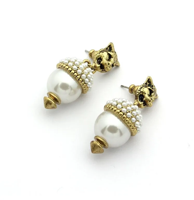 Fashion-European and American fashion retro animal leopard head hanging green diamond black and white pearl earrings earrings female earrin