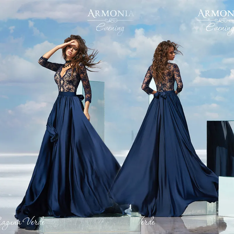 Tmarmonia Customined A Line Prom Dress V Neck 3/4 Long Sleeve Lace Applique Party Dress Sweep Train robes de soirée