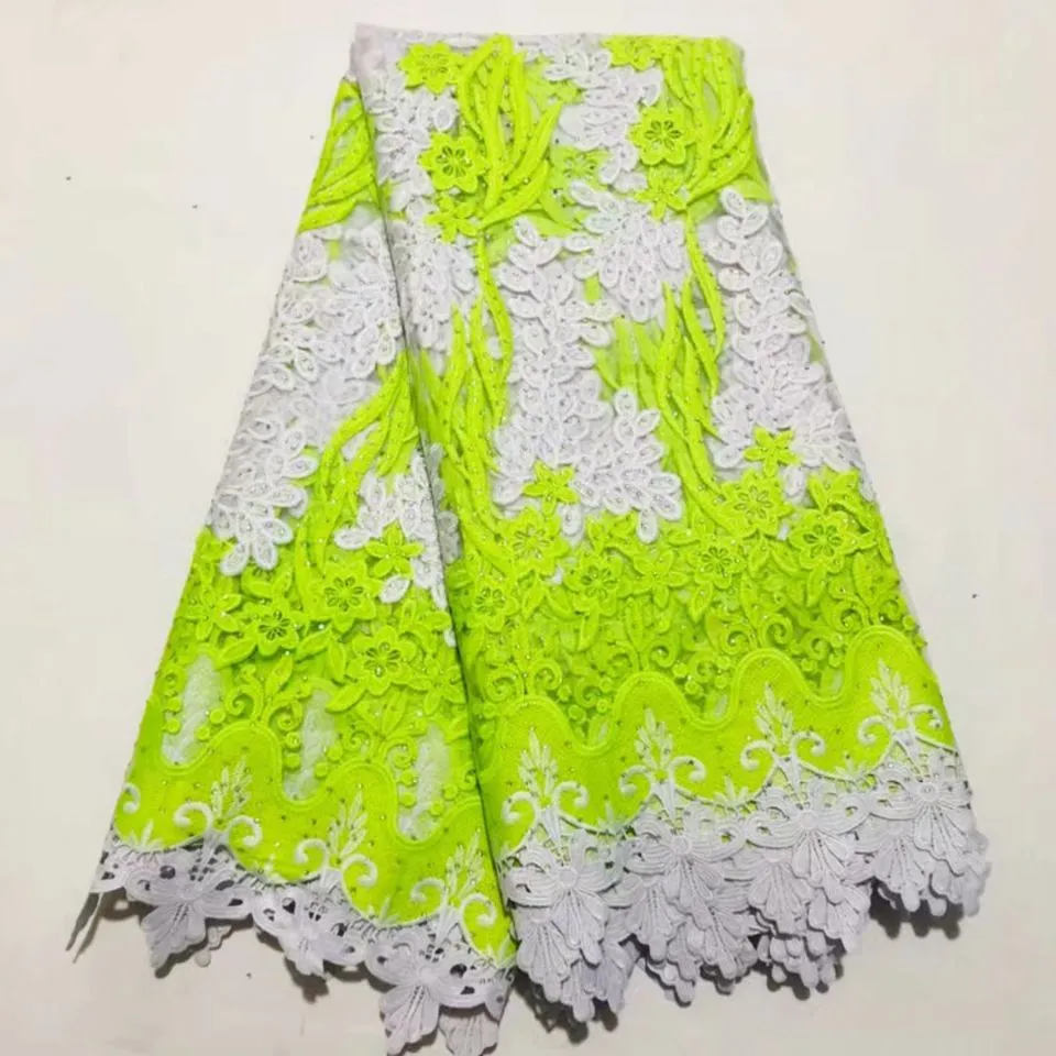 5 metrów / PC Piękna cytryna zielona afrykańska jedwabna tkanina z rhinestone i haft francuski koronki siatki do sukienki LS13-3