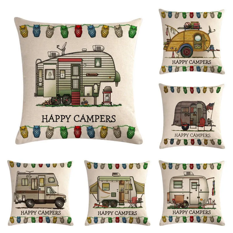 Happy Camper Linnen Kussensloop Vierkante Decoratieve Sierkussen Cover Kantoor Auto Sofa Kussen Covers Creatieve Camping Auto Kussenslopen 45 * 45cm