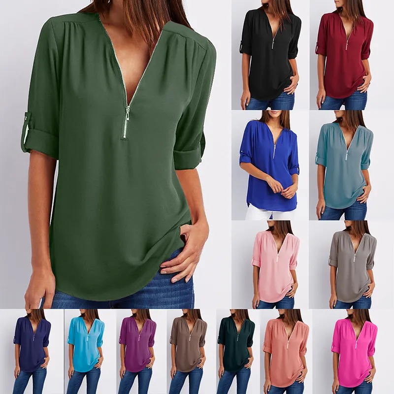Streetwear Koszulka Szyfonowa V Neck Zipper Plus Rozmiar S-5XL Tshirt Summer T Shirt Kobiety Odzież Bluzki Top Tee