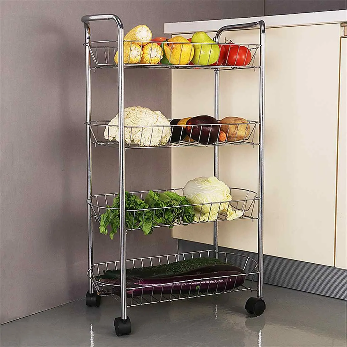 3 4 Tier Storage Organizer Rack Movable Kitchen Bathroom Shelf Metal Rolling Trolley Cart Basket Stand Wheels Save Space Holder T2215D