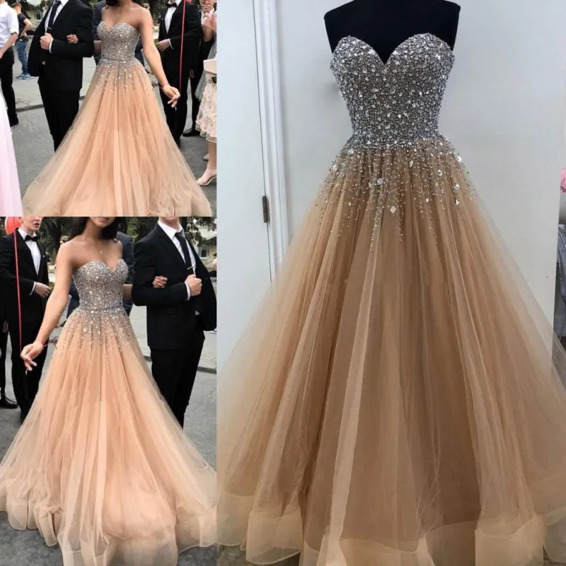 Shinning Beaded Champagne Prom Dresses Sexy Strapless Tulle A Line Avondjurken Sweetheart Sweep Train Cocktail Formele Feestjurk