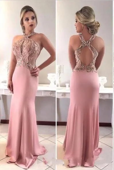 2020 Nowy Sexy Arabski Blush Pink Prom Dresses Nosić Halter Frezowanie Kryształowe Illusion Bez Rękawów Backless Sweep Party Dress Suknie wieczorowe